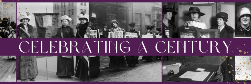 Set of historical photos of women marching and organizing for the right to vote.